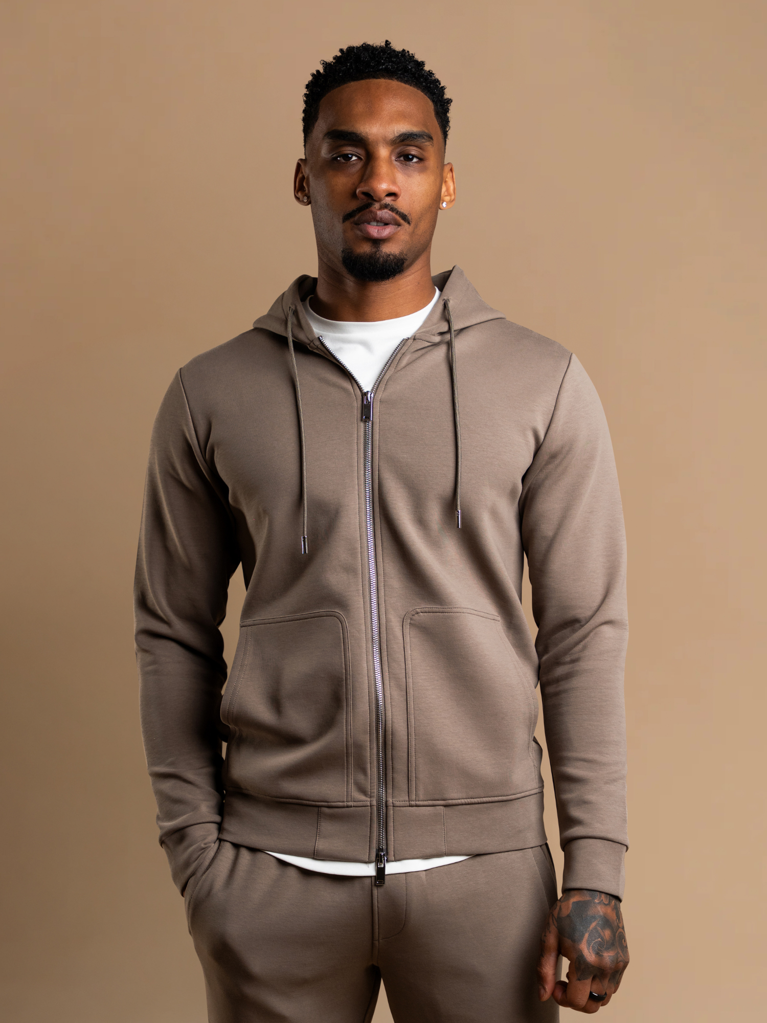 Hoodie Zippé Interlock Flow - Taupe