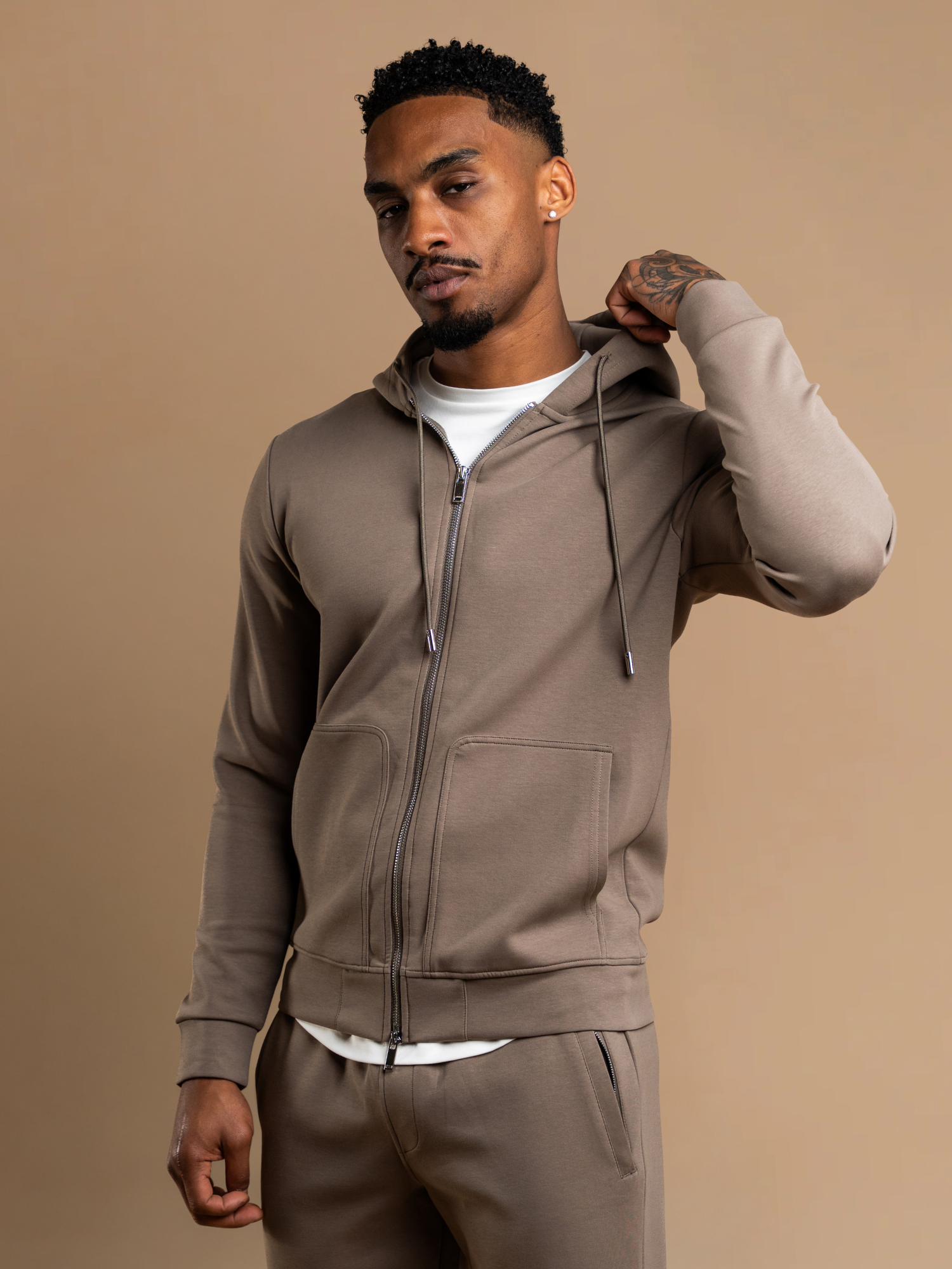 Hoodie Zippé Interlock Flow - Taupe